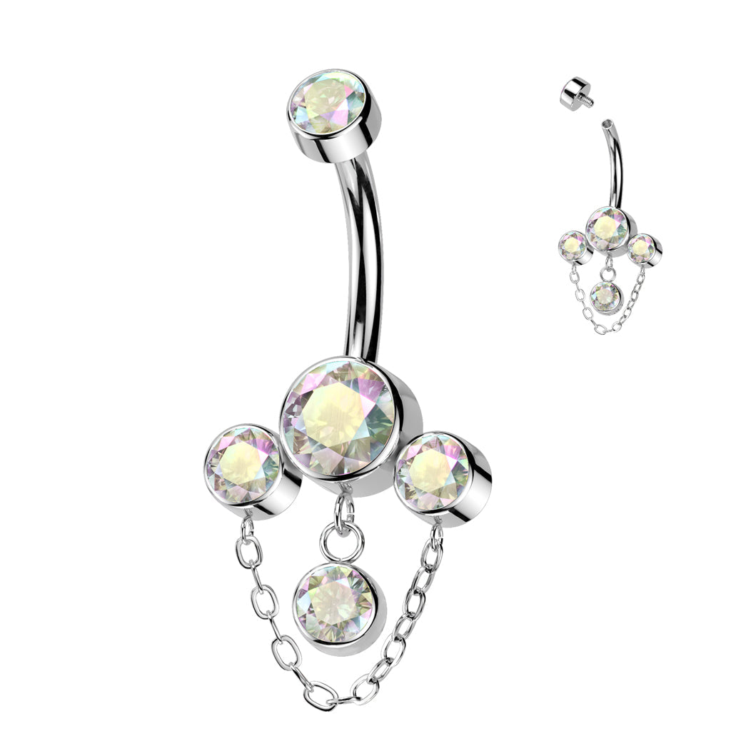 Implant Grade Titanium Internally Threaded Triple Bezel Set CZ Belly Button Ring With CZ and Chain Dangle Belly Button Ring Skin Metals Pink