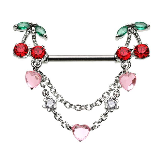 Push Pin CZ Cherry Heart Drop Dangle Chain Nipple Barbell Ring Nipple Ring Skin Metals