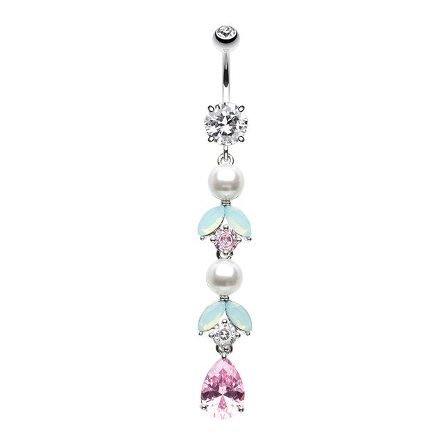Pastel Pearl Leaf Drop Bling Belly Button Ring Navel Ring Skin Metals
