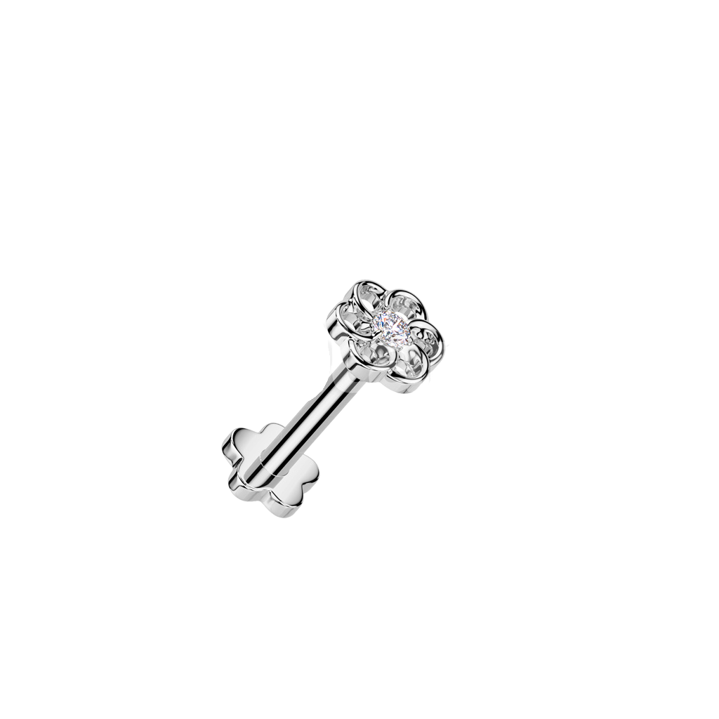 Implant Grade Titanium Threadless Push In Flower Base Flat Back Stud With Small Hollow Swirl Flower CZ Center Top Stud Skin Metals