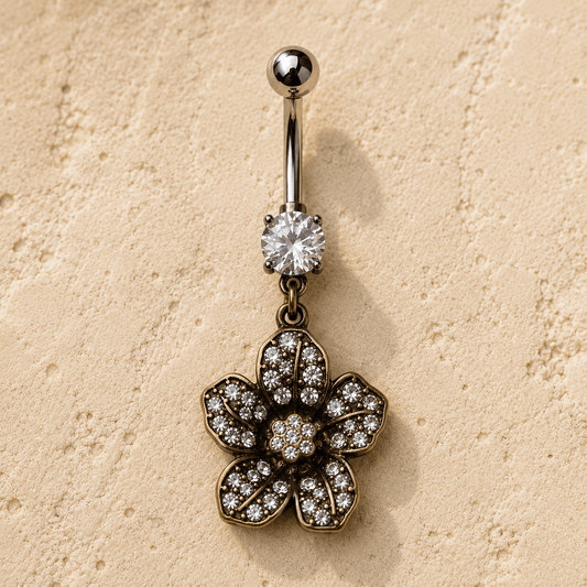 Antique Gold Flower Dangle Navel Ring 14G CZ 316L Steel
