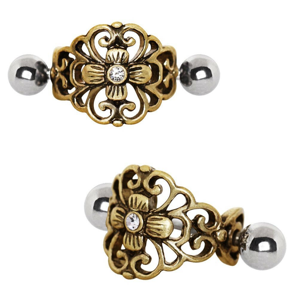 Antique Gold Gemmed Floral Cartilage Ear Cuff Cuff Earring 16 gauge Length: 1/2"