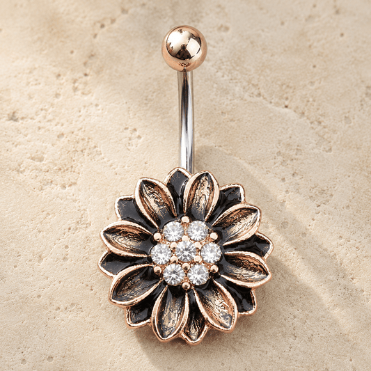 Antique Rose Gold Floral Navel Ring 14G Sunflower CZ