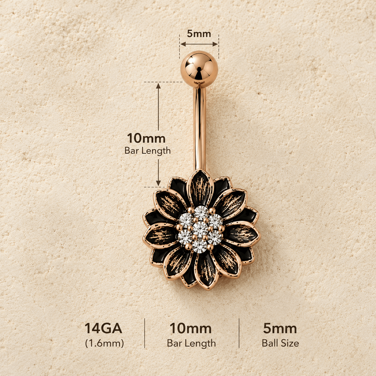Antique Rose Gold Floral Navel Ring 14G Sunflower CZ