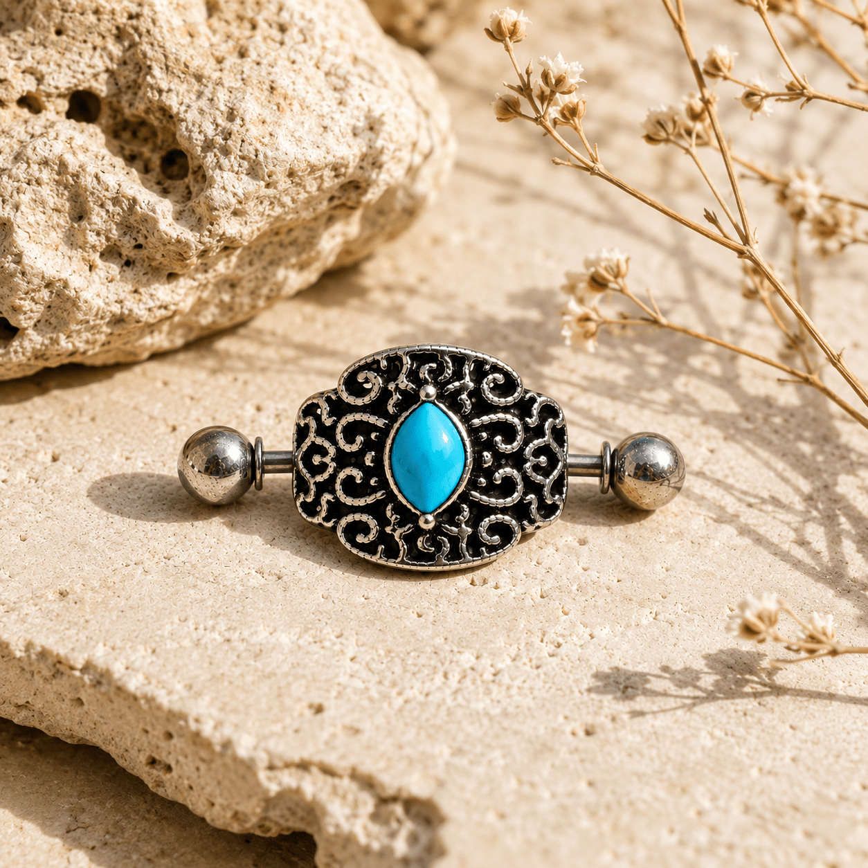 Aqua Ornate Cartilage Cuff Earring 16G Black Plated
