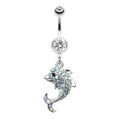 Baby Dolphin Belly Button Ring Navel Ring Impulse Piercings 14 gauge (1.6mm) Clear/Aqua/Aurora Borealis