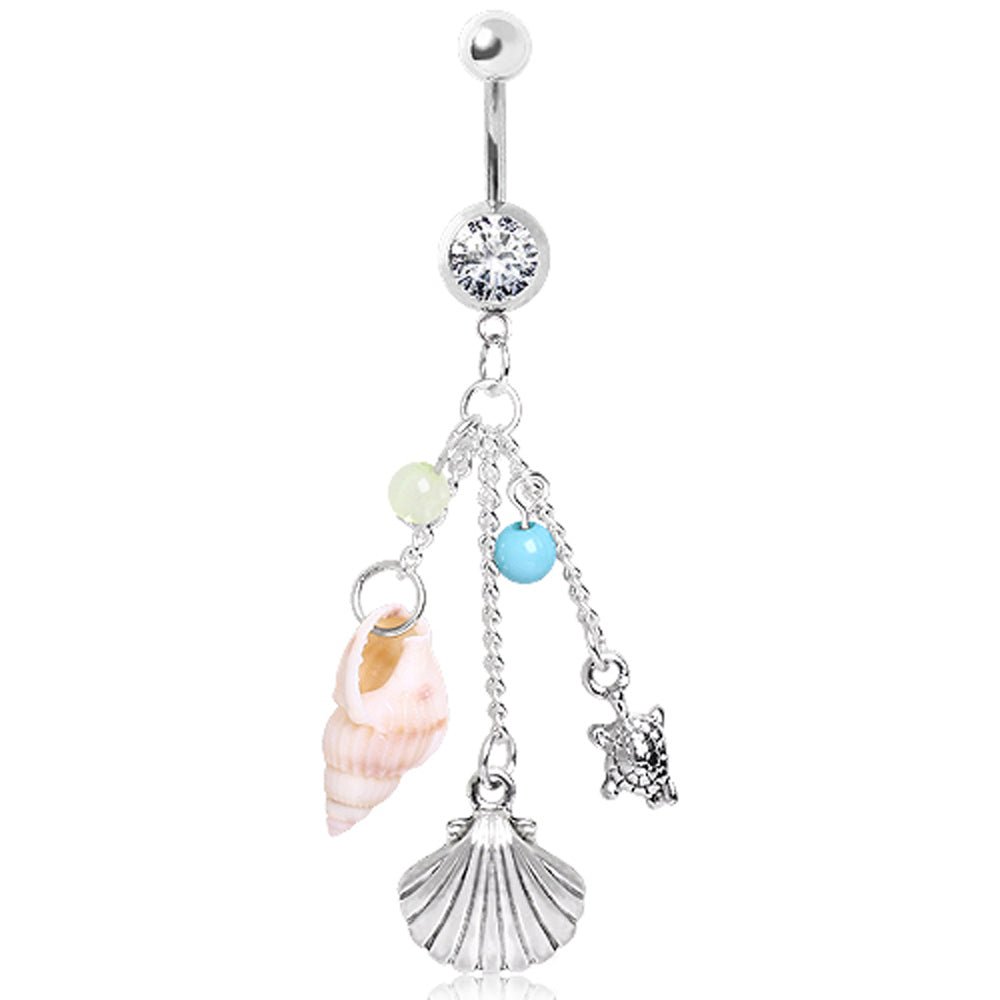 Beach Charm Belly Button Ring 14G Dangle Navel Ring Shell Turtle 316L Surgical Steel - Skin Metals