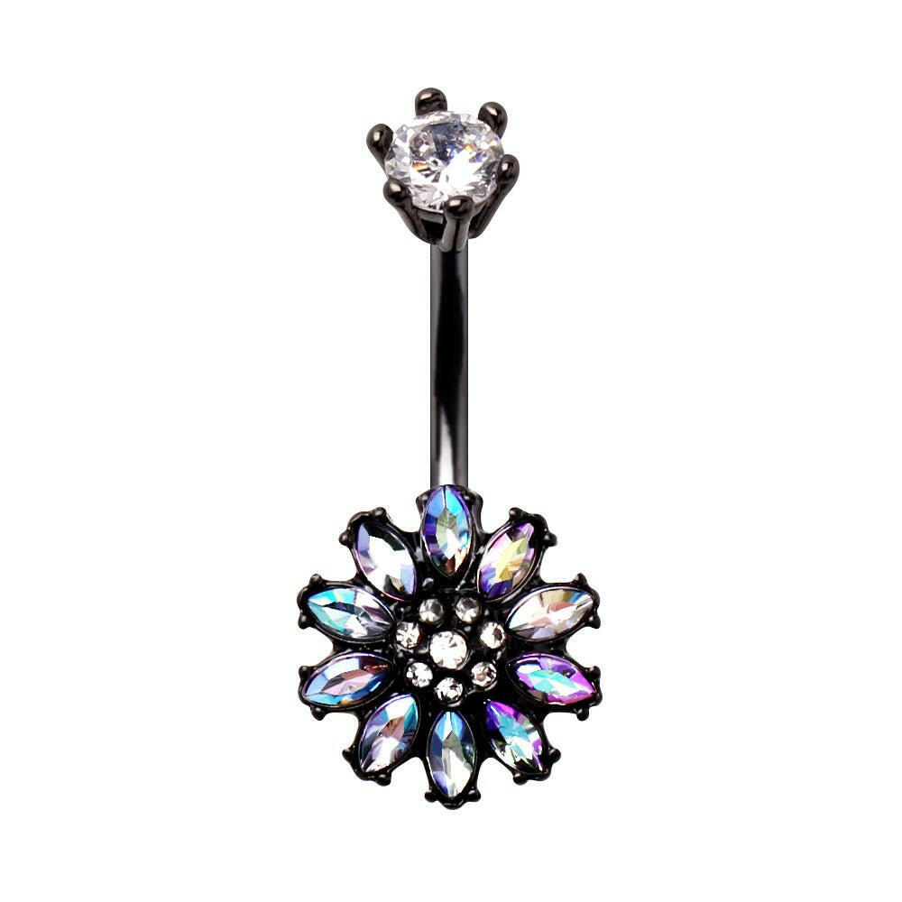 Black PVD Plated Aurora Borealis Flower Navel Ring Navel Ring Impulse Piercings