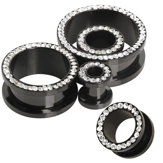 Black PVD Plated Multi CZ Screw Fit Tunnel Plug — Sold as Pair - Skin Metals