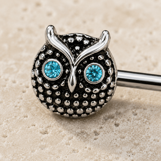 Stainless Steel Blue Eyed Owl Nipple Bar - Skin Metals