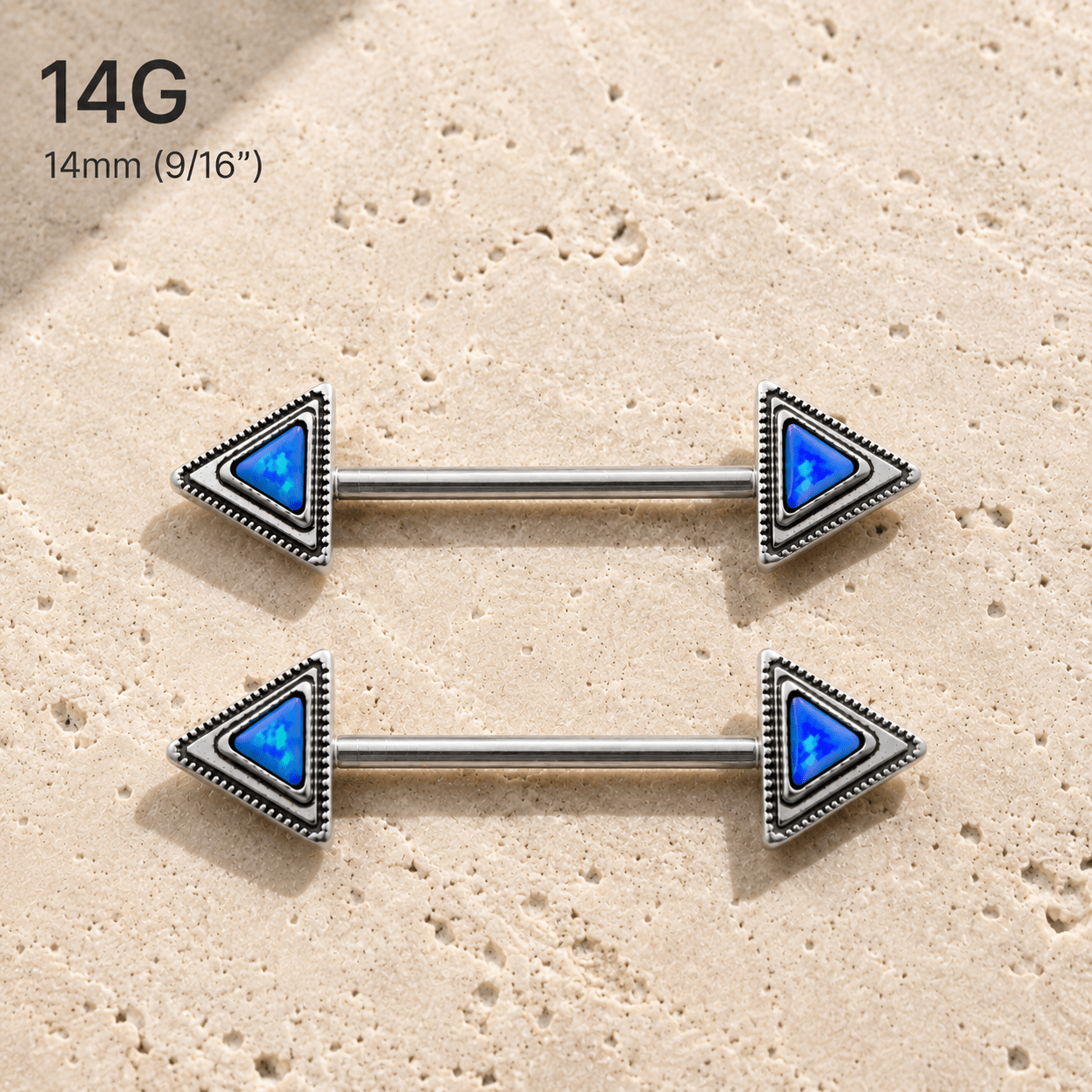 Blue Opal Triangle Nipple Bar 14G Pair 316L Steel