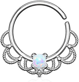 Brass Opal Centered Filigree Bendable Hoop Rings for Nose Septum Daith and Ear Cartilage Septum Ring Impulse Piercings White