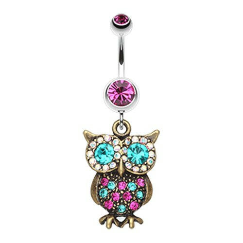 Bronze Owl Sparkle Belly Button Ring Navel Ring Impulse Piercings Fuchsia