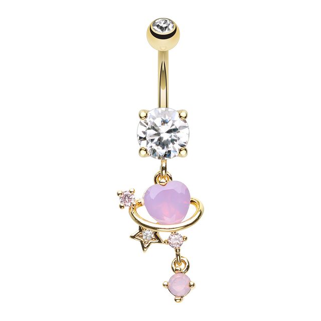 Golden Celestial Lavender Heart Cosmic Bling Belly Button Ring Navel Ring Skin Metals