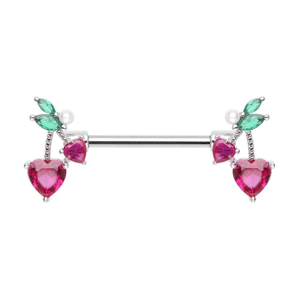 Cherry Heart Drop Nipple Barbell Ring Nipple Ring Impulse Piercings 14 GA Length (16mm)