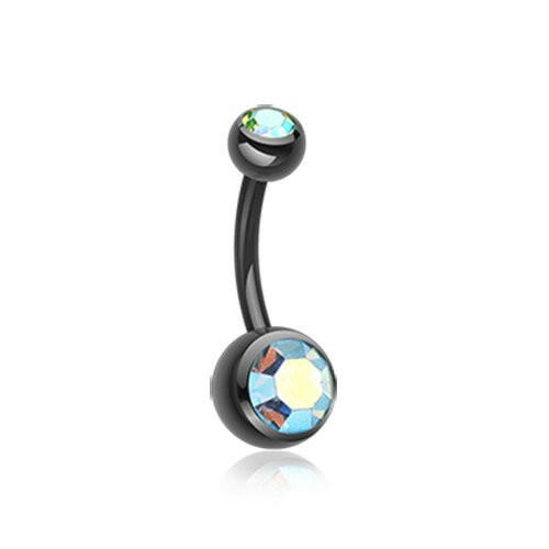 Colorline Double Gem Ball Steel Belly Button Ring Navel Ring Impulse Piercings 3/16x5/16" (5x8mm) Black/Aqua/Aurora Borealis
