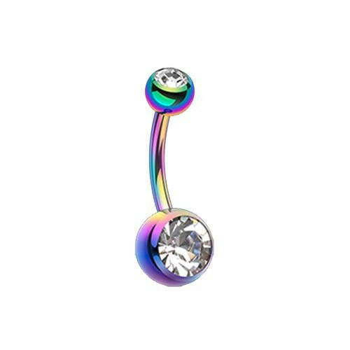 Colorline Double Gem Ball Steel Belly Button Ring Navel Ring Impulse Piercings 3/16x5/16" (5x8mm) Rainbow/Clear