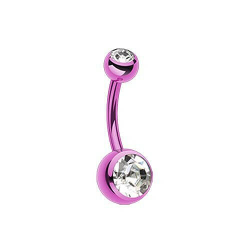 Colorline Double Gem Ball Steel Belly Button Ring Navel Ring Impulse Piercings 3/16x5/16" (5x8mm) Purple/Clear