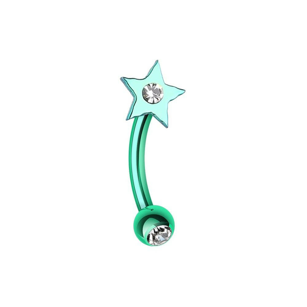 Colorline PVD Sparkle Star Curved Barbell Eyebrow Ring Curved Barbell Impulse Piercings 5/16" (8mm) Green/Clear