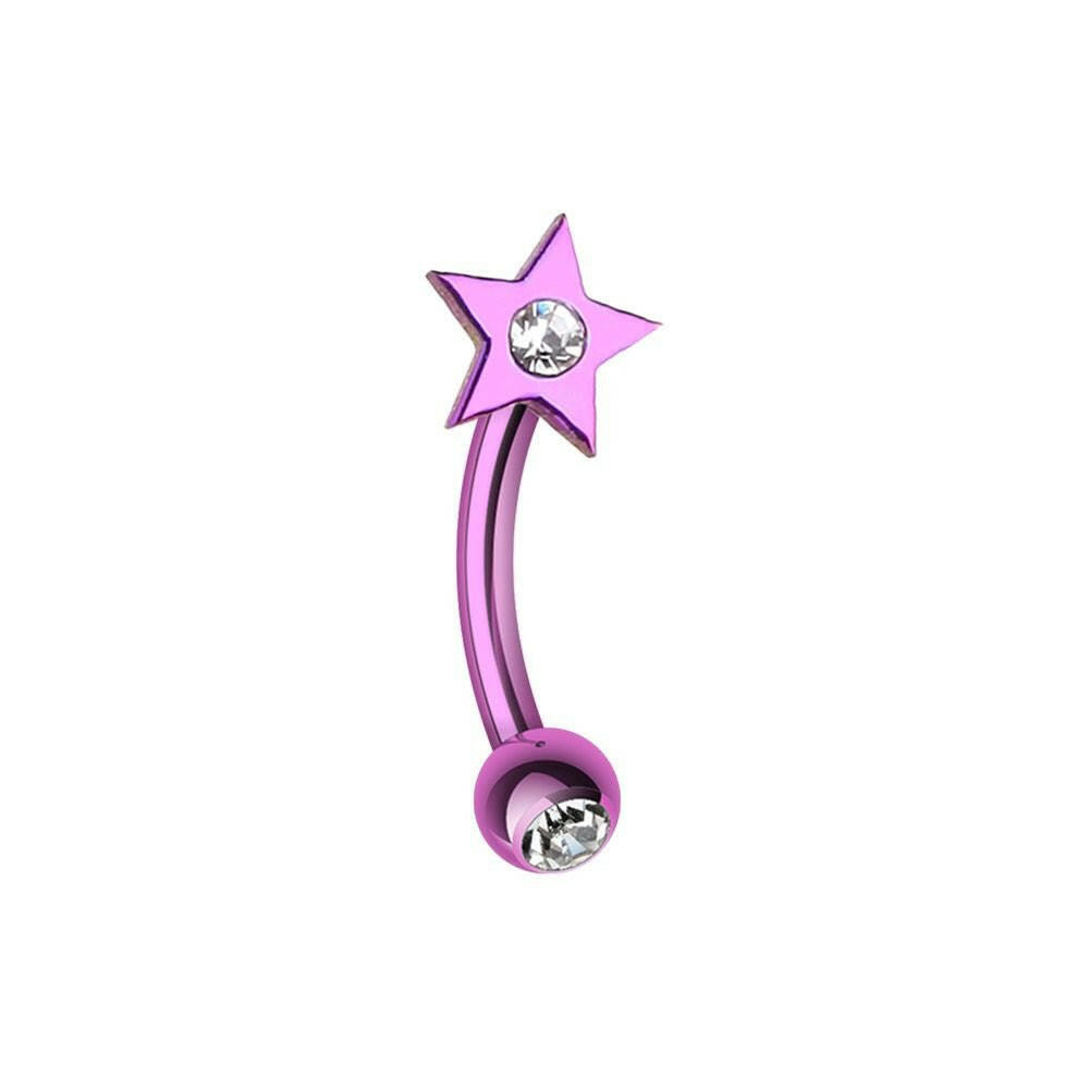 Colorline PVD Sparkle Star Curved Barbell Eyebrow Ring Curved Barbell Impulse Piercings 5/16" (8mm) Purple/Clear