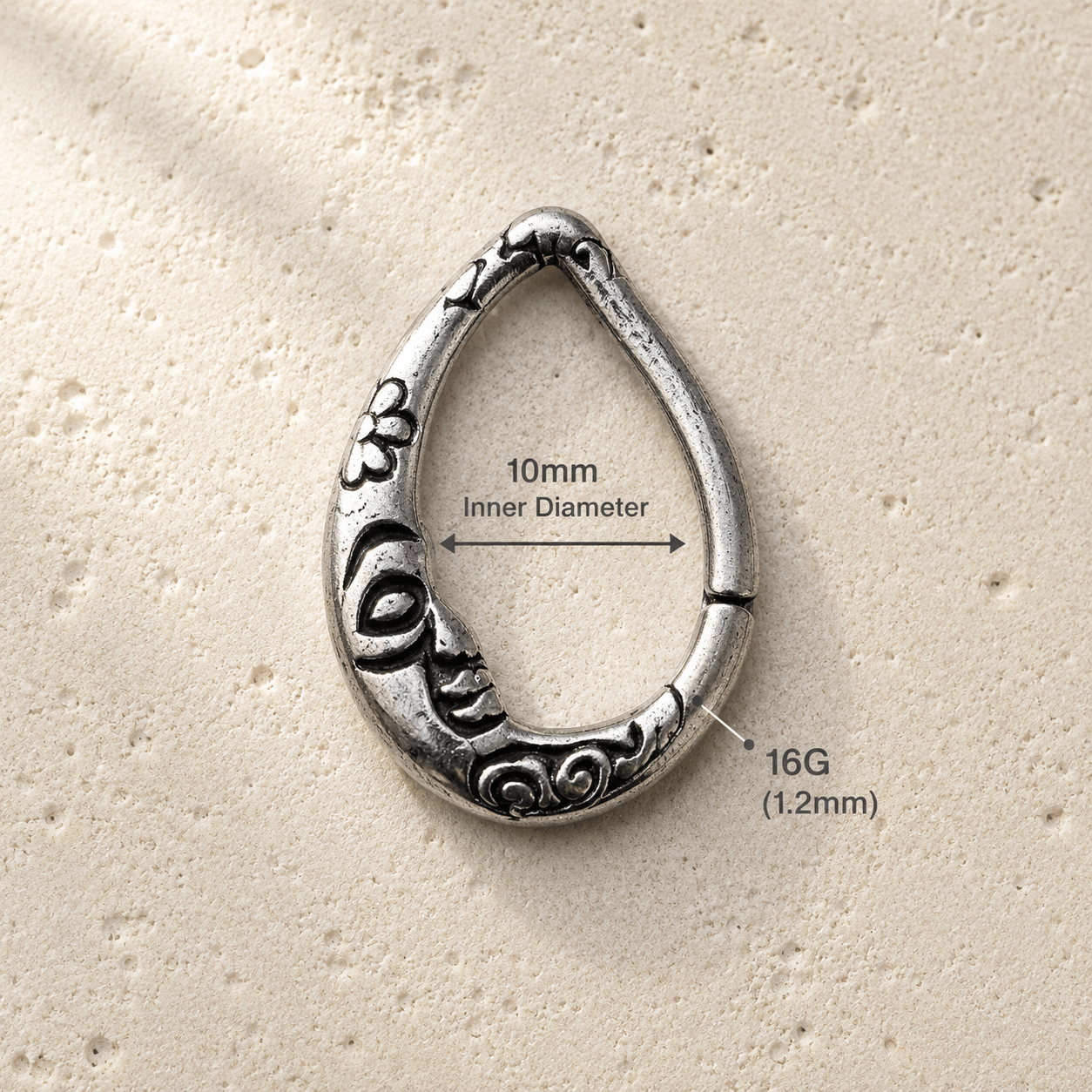 Crescent Moon Teardrop Seamless Ring 16G Antique Silver