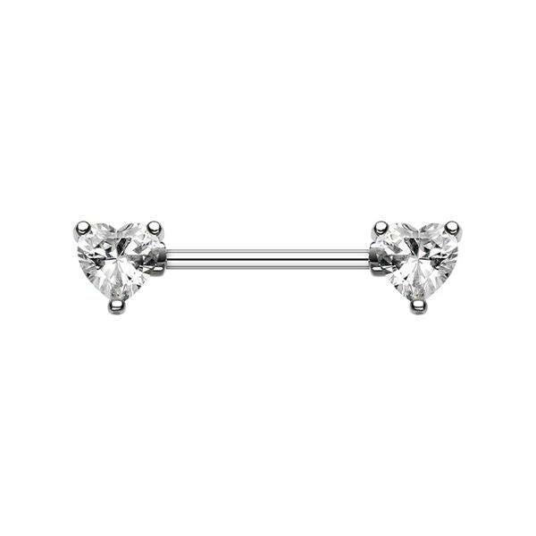 CZ Double Heart Gem Nipple Barbell Ring Nipple Ring Impulse Piercings 14 GA Length (16mm)