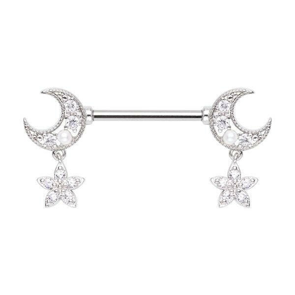 Double Moon Twinkle Star Dangle Nipple Barbell Ring Nipple Ring Impulse Piercings