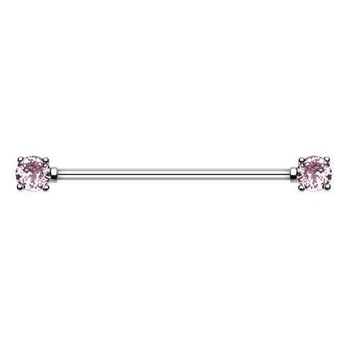 Double Prong Cubic Zirconia Gem Industrial Barbell Industrial Barbell Impulse Piercings Pink