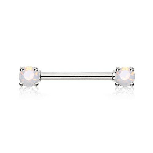 Double Prong Opal Gem Nipple Barbell Ring Nipple Ring Impulse Piercings 14 GA (1.6mm) White