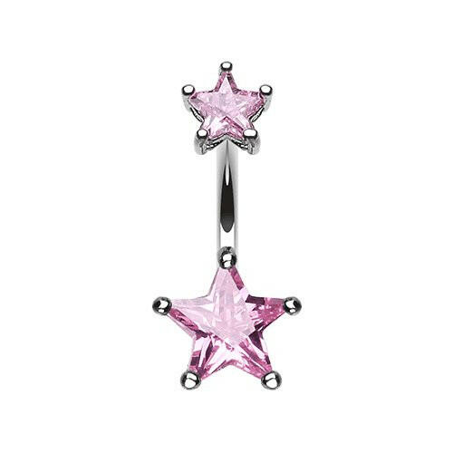 Double Star Cubic Zirconia Gem Prong Sparkle Belly Button Ring Navel Ring Impulse Piercings Pink