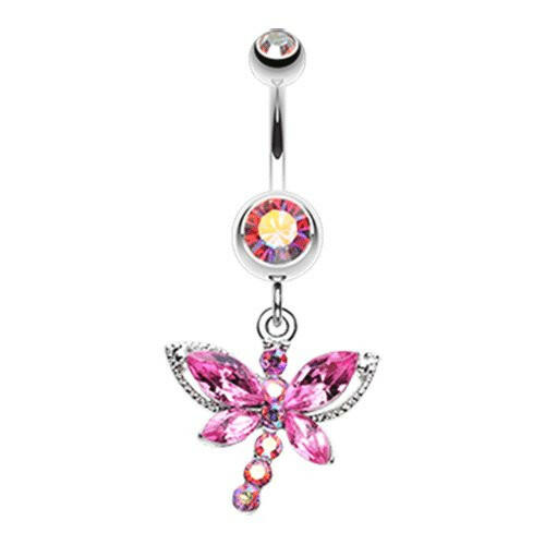Dragonfly Glam Belly Button Ring Navel Ring Impulse Piercings Pink/Aurora Borealis