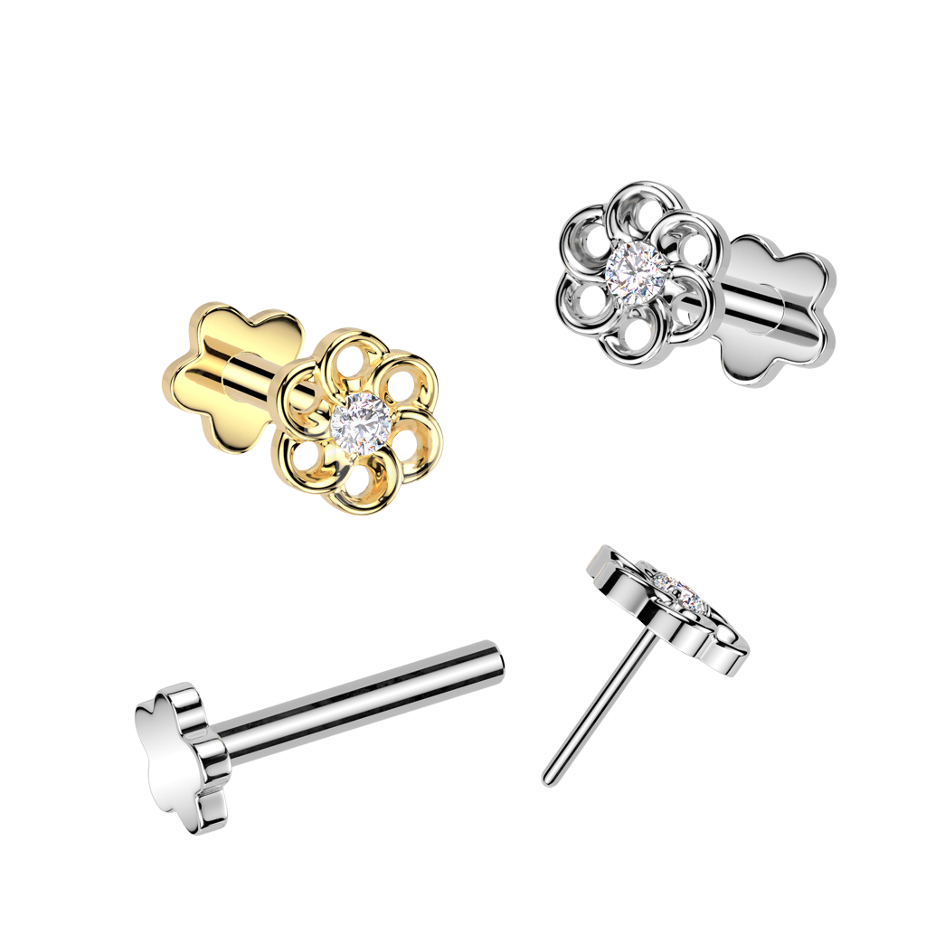 Implant Grade Titanium Threadless Push In Flower Base Flat Back Stud With Small Hollow Swirl Flower CZ Center Top Stud Skin Metals
