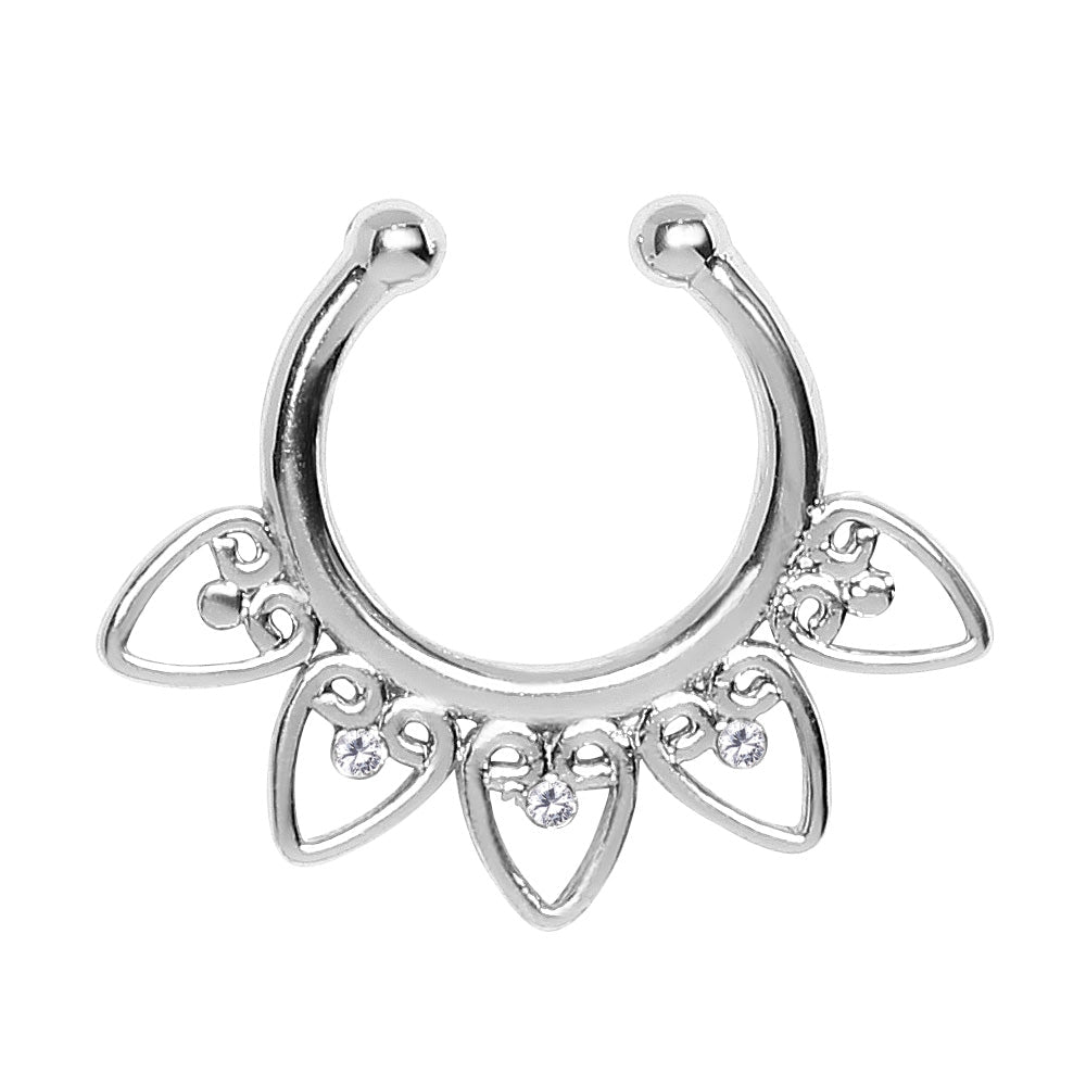 Ornamental hearts fake septum ring on white background, silver CZ nose ring, 316L stainless steel, 21mm width