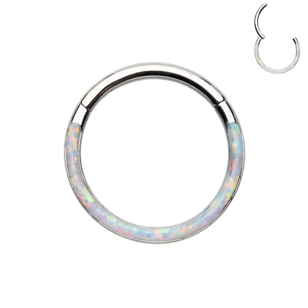 Front Facing Opal Inlay Steel Seamless Hinged Clicker Ring Captive Bead Impulse Piercings 5/16" (8mm) White