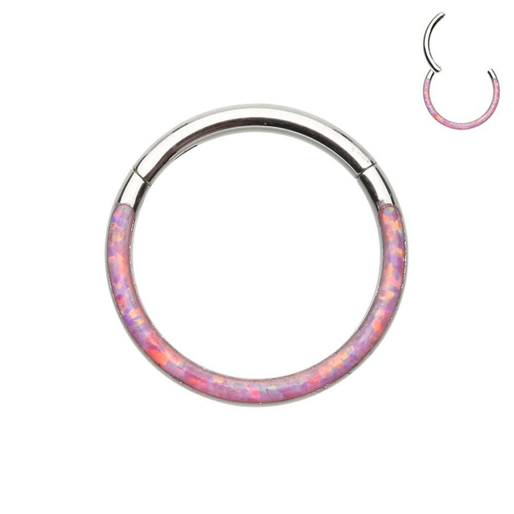 Front Facing Opal Inlay Steel Seamless Hinged Clicker Ring Captive Bead Impulse Piercings 5/16" (8mm) Purple