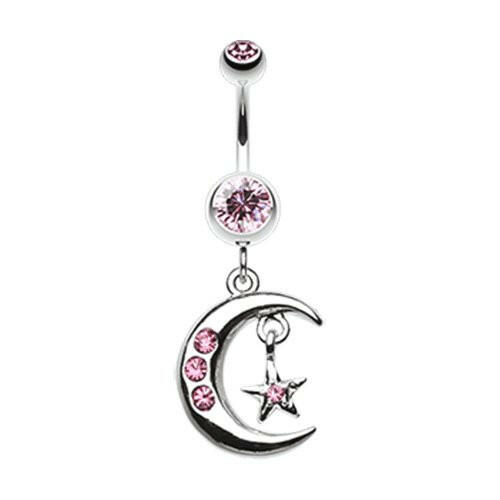 Glistening Moon and Star Belly Button Ring Navel Ring Impulse Piercings Light Pink