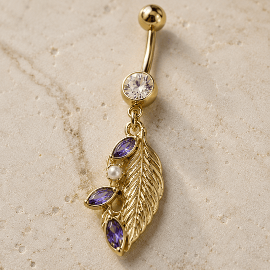 Gold Fantasy Leaf Dangle Navel Ring 14G Pearl CZ
