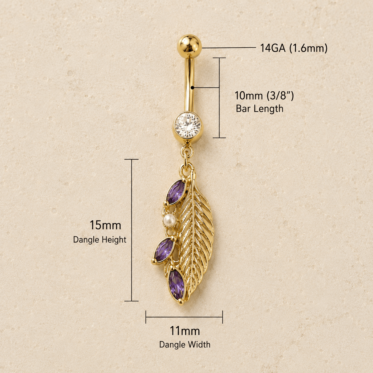 Gold Fantasy Leaf Dangle Navel Ring 14G Pearl CZ
