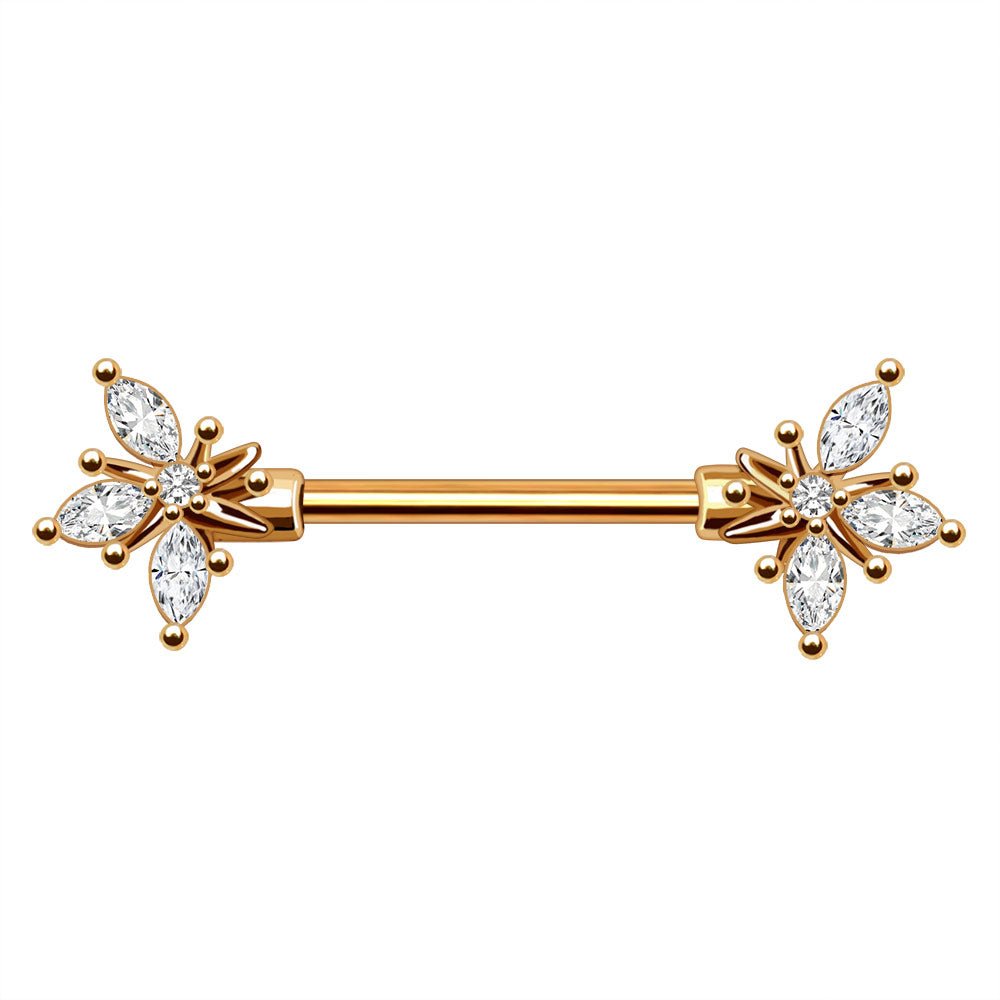 Gold Flower Nipple Rings 14G Ornate CZ Nipple Barbell Pair 316L Surgical Steel - Skin Metals