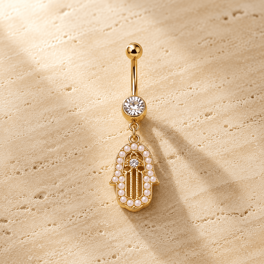 Gold Pearl Dangle Navel Ring 14G CZ Hand Charm