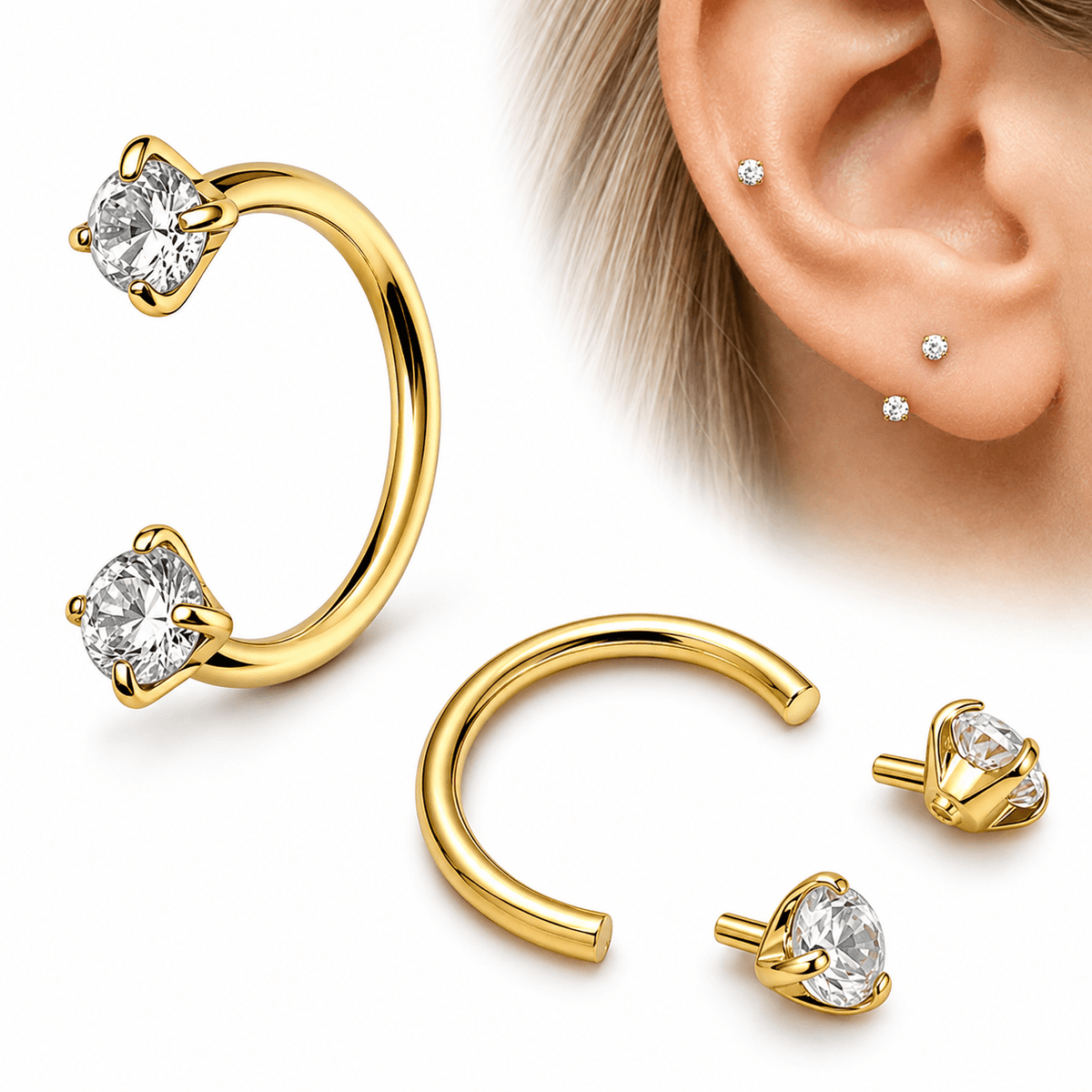 Gold Plated 316L Stainless Steel Internally Threaded Double Gem Nose Hoop - Skin Metals