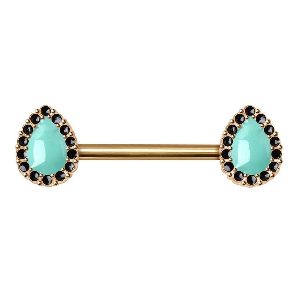 Gold plated aqua teardrop nipple bar pair on white background, 14G aqua black enamel yellow gold stainless steel