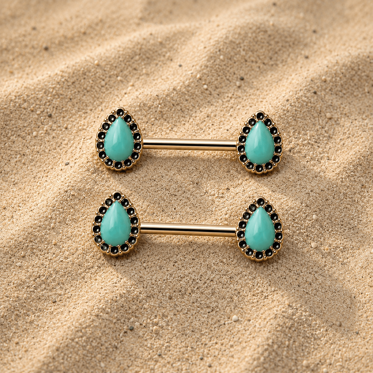 Gold Plated Aqua Teardrop Nipple Bar 14G Enamel Pair