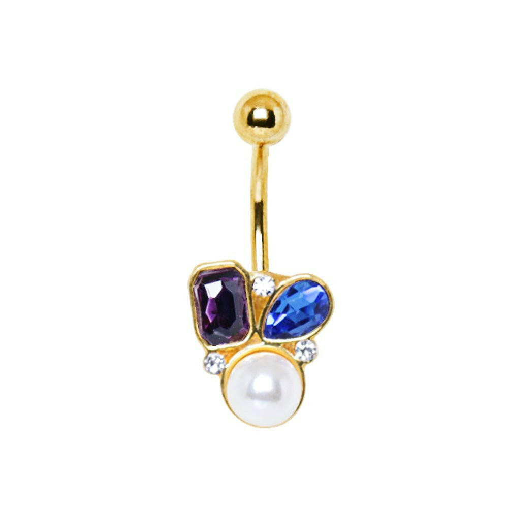 Gold Plated Art of Brilliance Gem and Pearl Drop Navel Ring Navel Ring Impulse Piercings