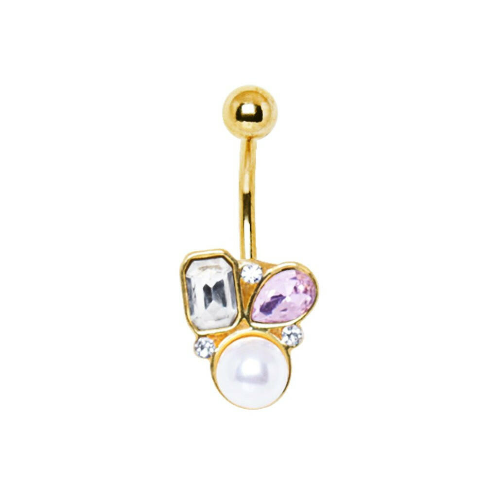 Gold Plated Art of Brilliance Gem and Pearl Drop Navel Ring Navel Ring Impulse Piercings