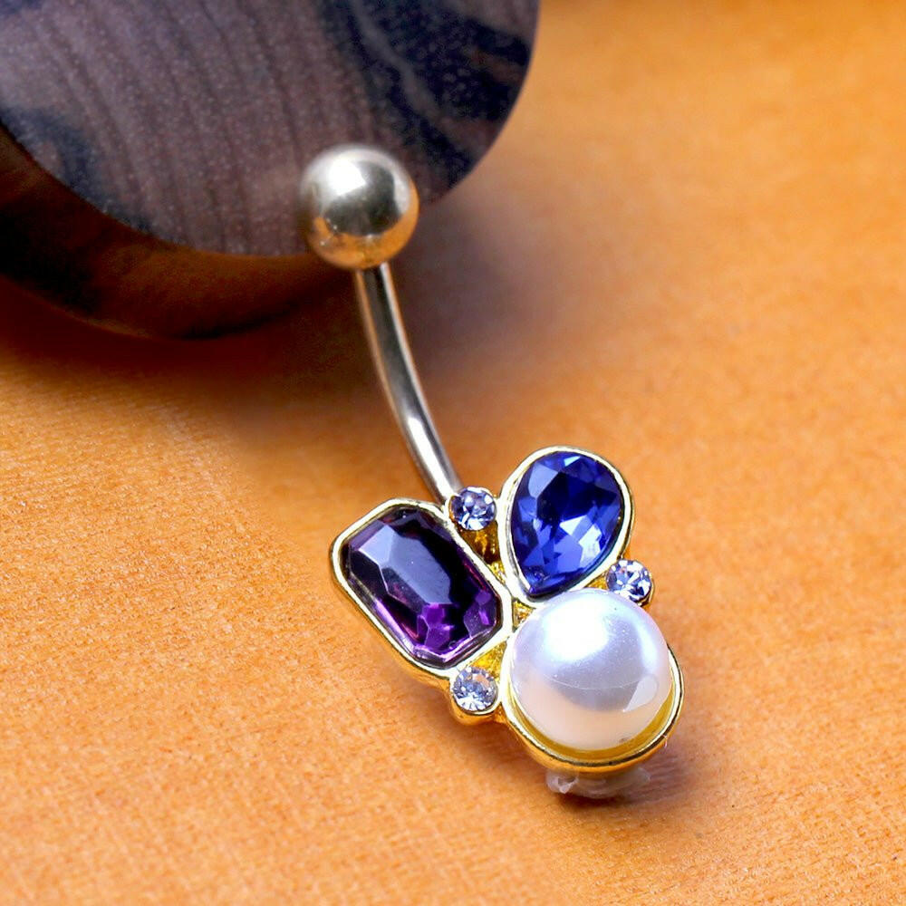 Gold Plated Art of Brilliance Gem and Pearl Drop Navel Ring Navel Ring Impulse Piercings