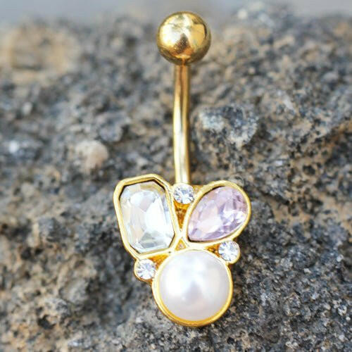 Gold Plated Art of Brilliance Gem and Pearl Drop Navel Ring Navel Ring Impulse Piercings