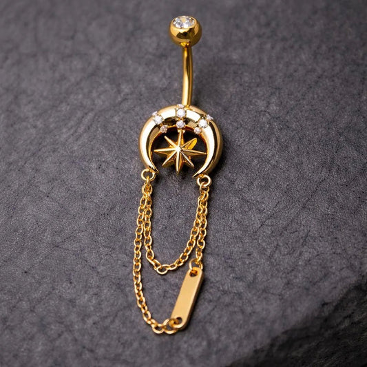 Gold Star Moon Belly Button Ring 14G Chain Dangle Navel Ring CZ Celestial Jewelry