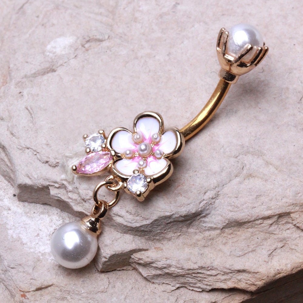 Gold Plated Flower and Pearls Navel Ring Navel Ring Skin Metals