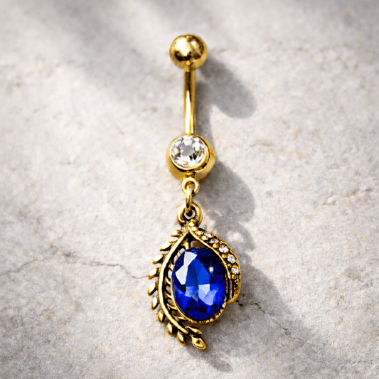 Gold Plated Golden Laurel Leaf & Blue CZ Dangle Navel Ring
